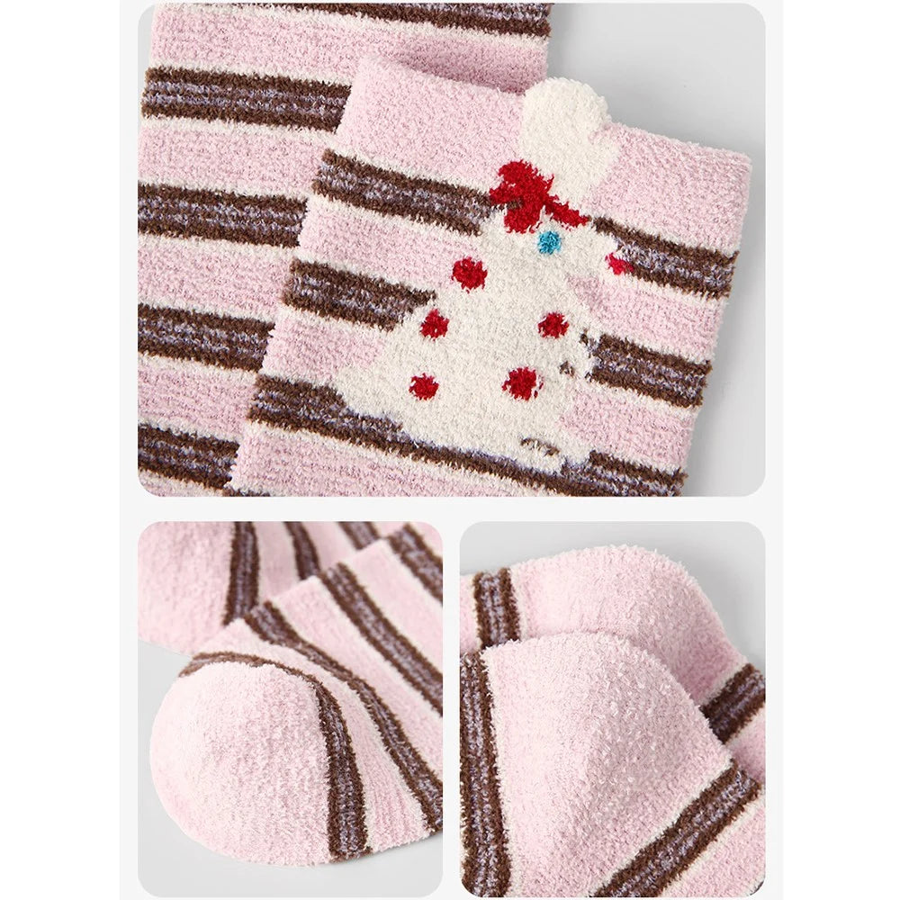 3 Pairs Coral Fleece Mid Calf Socks for Women Cartoon Animal Pattern Winter Thick Warm Sleep Socks - R9187 - 6