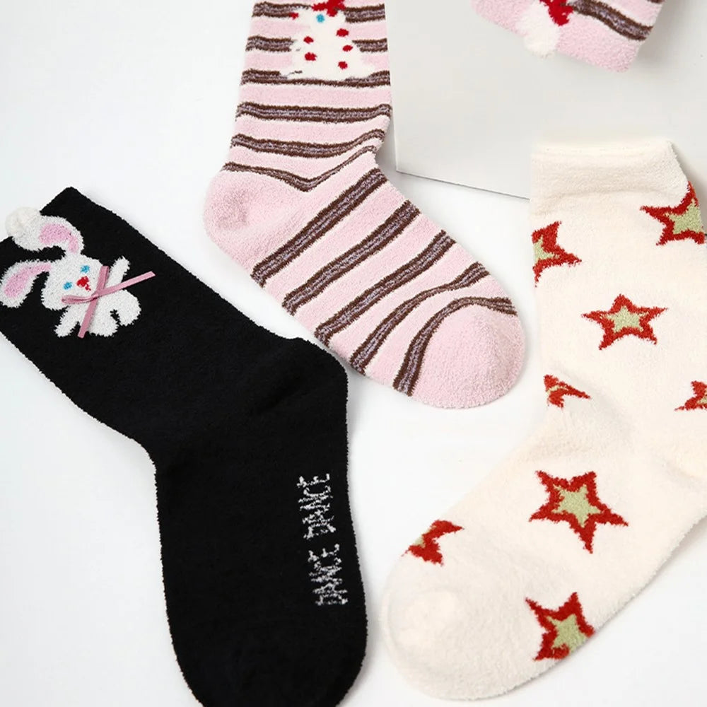 3 Pairs Coral Fleece Mid Calf Socks for Women Cartoon Animal Pattern Winter Thick Warm Sleep Socks - R9187 - 7
