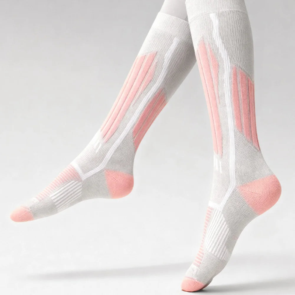 DWZ20 High Tube Skiing Socks Men Women Winter Thick Compression Socks for Outdoor Hiking Cycling - Pink+White/M - 2