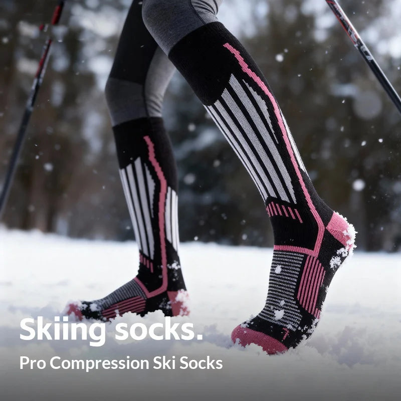 DWZ20 High Tube Skiing Socks Men Women Winter Thick Compression Socks for Outdoor Hiking Cycling - Pink+White/M - 3