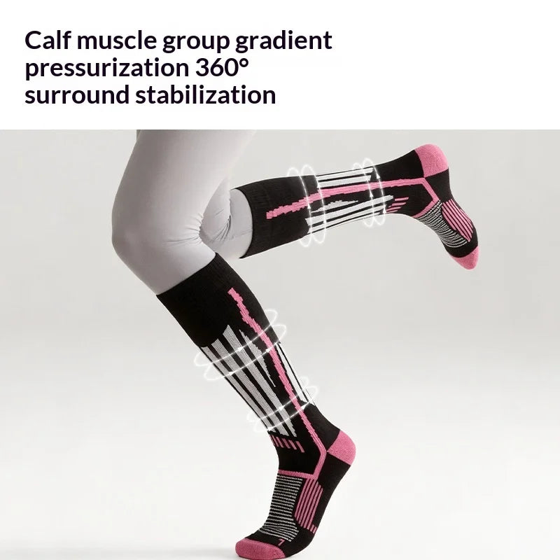 DWZ20 High Tube Skiing Socks Men Women Winter Thick Compression Socks for Outdoor Hiking Cycling - Pink+White/M - 4