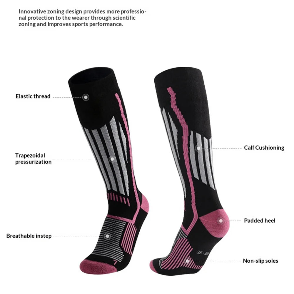 DWZ20 High Tube Skiing Socks Men Women Winter Thick Compression Socks for Outdoor Hiking Cycling - Pink+White/M - 6