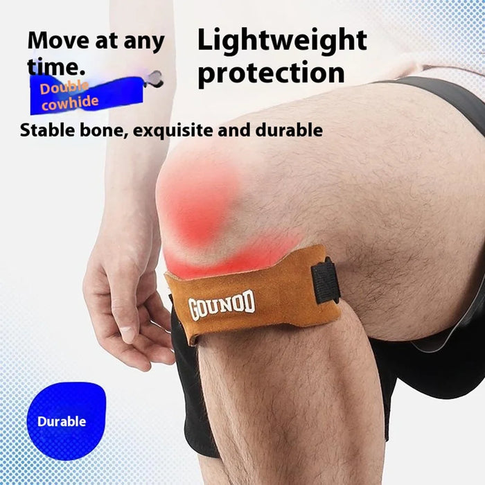 GOUNOD H15 1Pc Sports Compression Knee Strap Double Layer Cowhide Leather Patella Support for Running / Cycling - Brown - 4