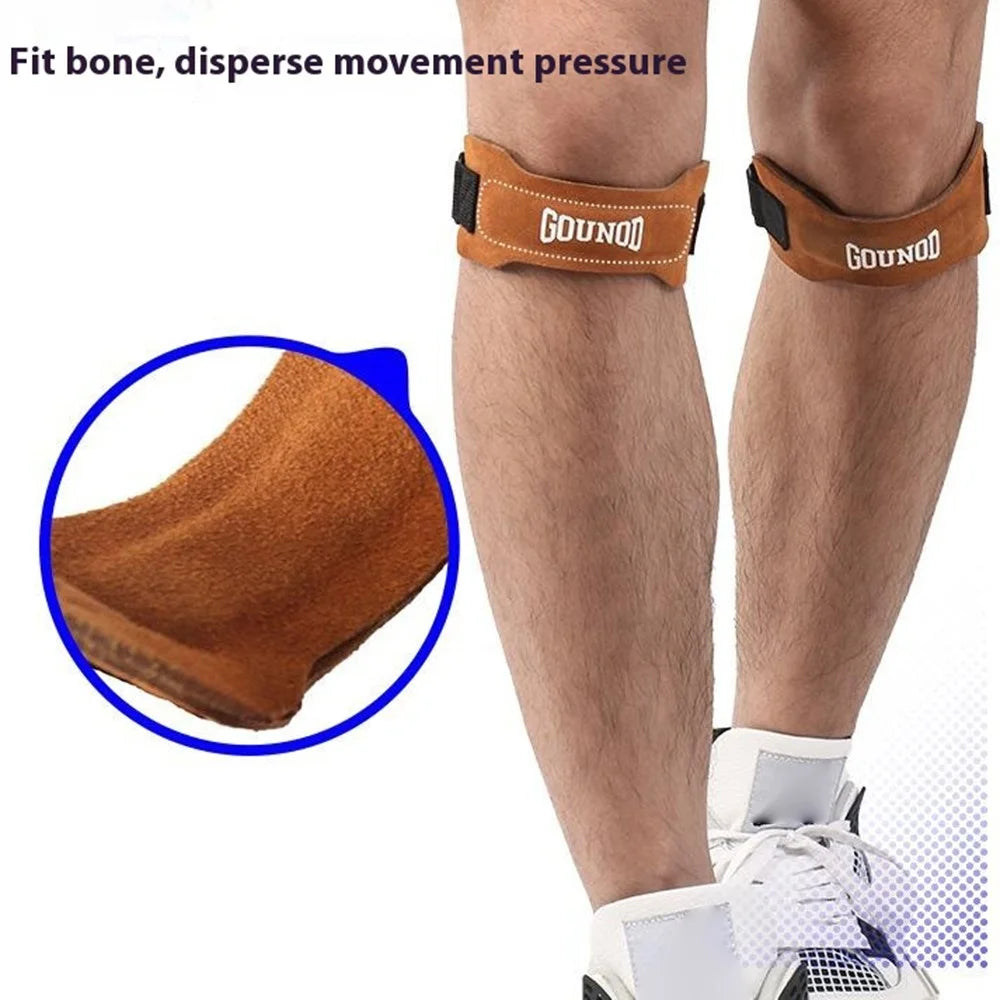 GOUNOD H15 1Pc Sports Compression Knee Strap Double Layer Cowhide Leather Patella Support for Running / Cycling - Brown - 5