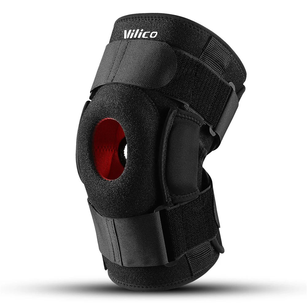 VILICO AB115 1Pc Sports Outdoor Knee Brace Foldable Alloy Plate Support Shock Absorbing Silicone Strap Compression Knee Sleeve, Black - L - 1