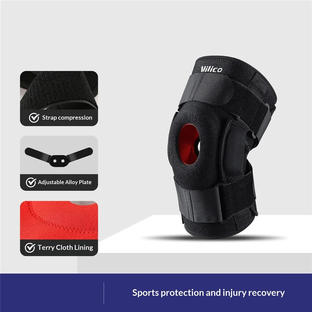 VILICO AB115 1Pc Sports Outdoor Knee Brace Foldable Alloy Plate Support Shock Absorbing Silicone Strap Compression Knee Sleeve, Black - L - 2