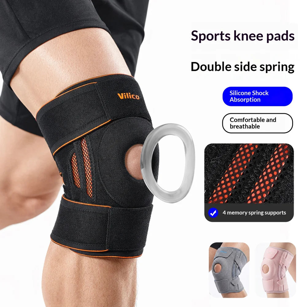 VILICO AB168 1Pc Sports Knee Brace Spring Support Compression Knee Guard for Running Cycling Fitness - Black+Orange - 3