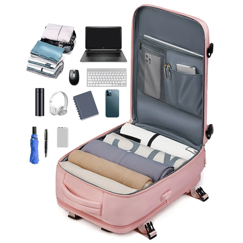 OUTWALK 17-inch Travel Casual Women Nylon Backpack Laptop Storage Dual Shoulders Bag with USB Port - Pink - 3