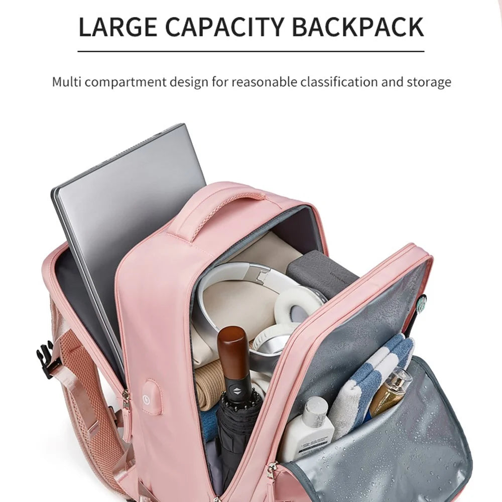 OUTWALK 17-inch Travel Casual Women Nylon Backpack Laptop Storage Dual Shoulders Bag with USB Port - Pink - 4
