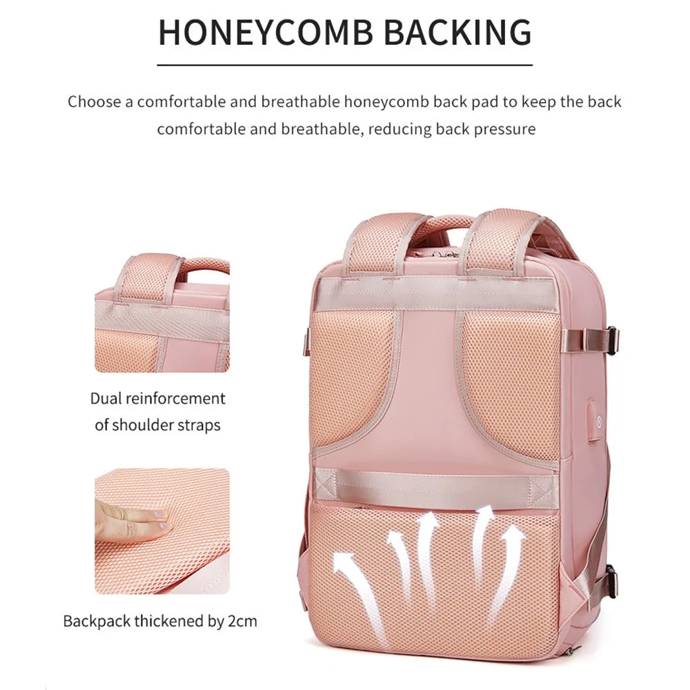 OUTWALK 17-inch Travel Casual Women Nylon Backpack Laptop Storage Dual Shoulders Bag with USB Port - Pink - 5