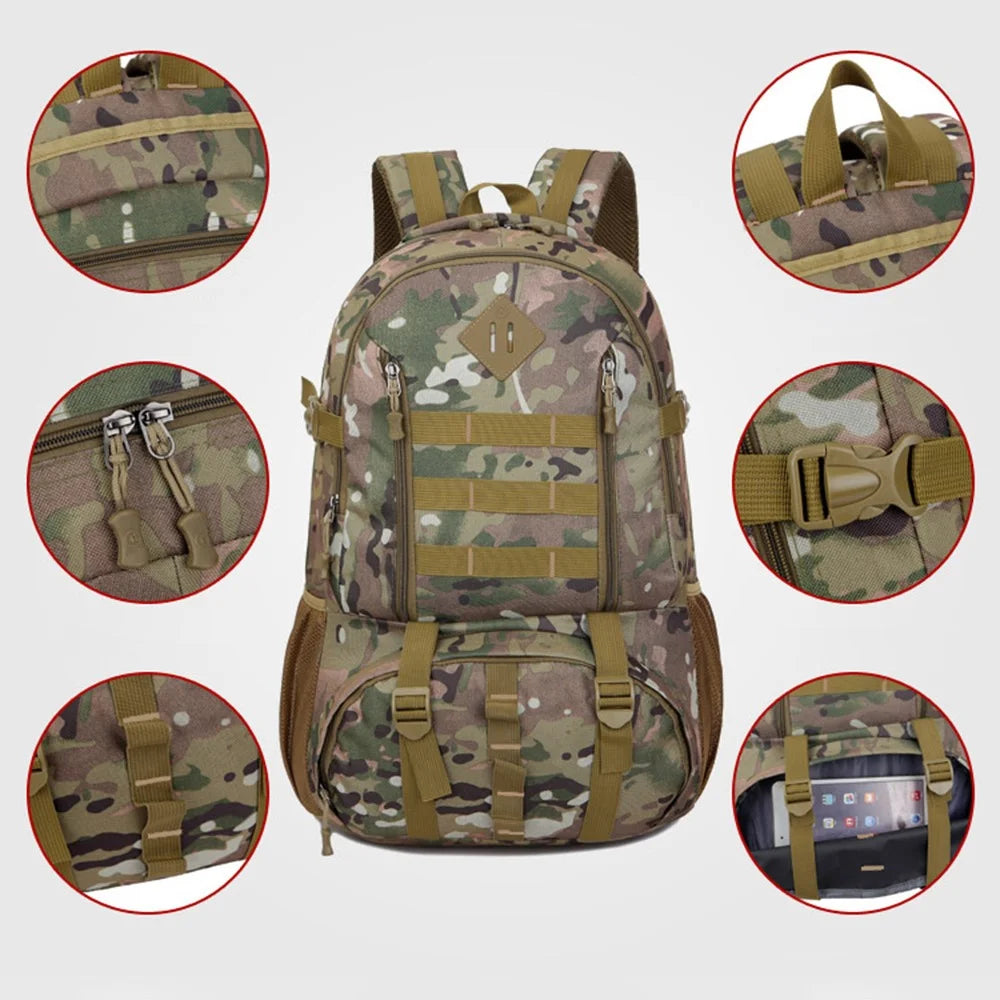 FLAMEHORSE 50L Large Capacity Nylon Backpack Outdoor Hiking Trekking Rucksack - Green Camouflage - 5