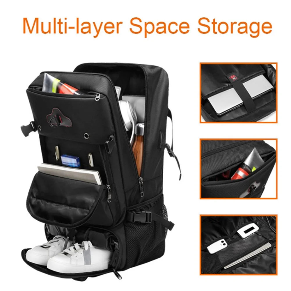 2070 Oxford Cloth+Polyester Waterproof Backpack Hiking Trekking Rucksack with USB Charging Port - Black - 3