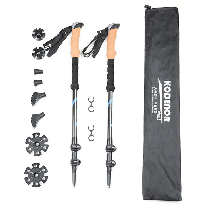 KODENOR KDN-001 2Pcs Carbon Fiber Trekking Pole Collapsible 3 Sections Hiking Stick with External Lock - Blue - 1