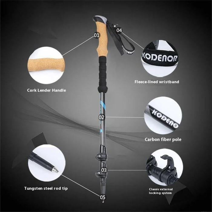 KODENOR KDN-001 2Pcs Carbon Fiber Trekking Pole Collapsible 3 Sections Hiking Stick with External Lock - Blue - 4