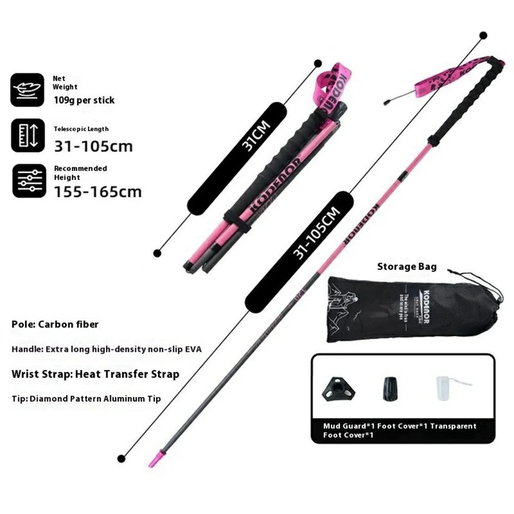 KODENOR 1Pc 105cm 3K Carbon Fiber Ultralight 4-Section Foldable Trekking Pole for Mountaineering Hiking Walking Stick - Pink - 6