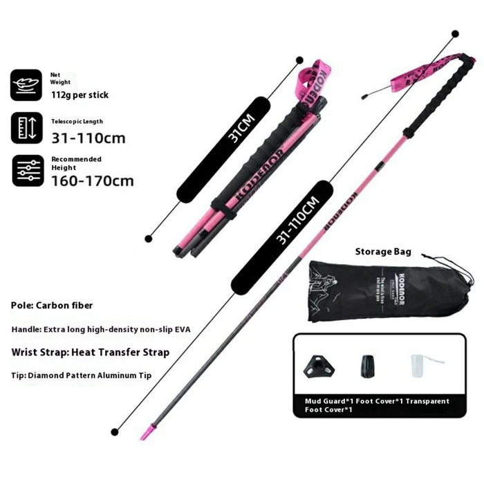 KODENOR 1Pc 110cm 3K Carbon Fiber Ultralight 4-Section Foldable Trekking Pole for Mountaineering Hiking Walking Stick - Pink - 6