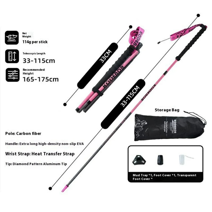 KODENOR 1Pc 115cm 3K Carbon Fiber Ultralight 4-Section Foldable Trekking Pole for Mountaineering Hiking Walking Stick - Pink - 6