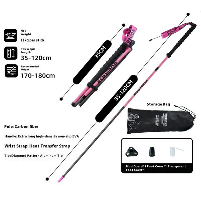 KODENOR 1Pc 120cm 3K Carbon Fiber Ultralight 4-Section Foldable Trekking Pole for Mountaineering Hiking Walking Stick - Pink - 6