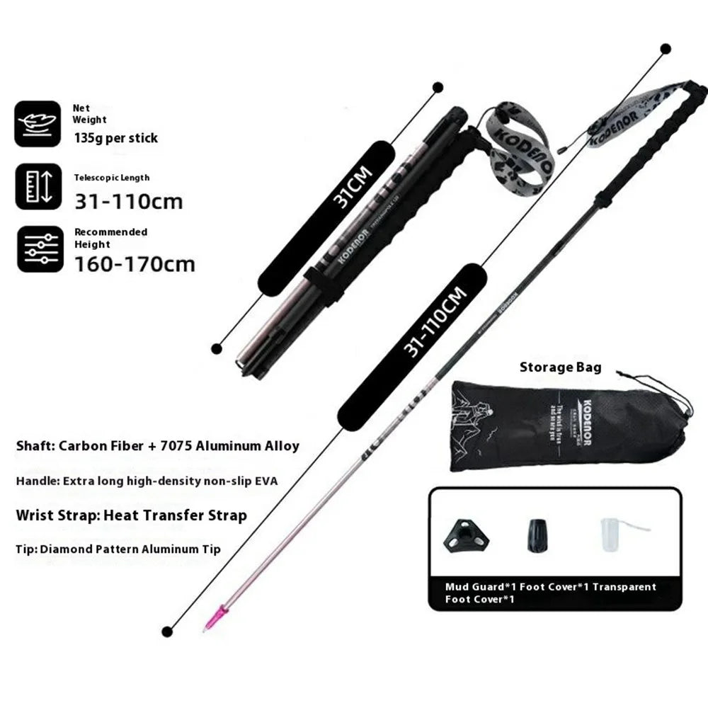 KODENOR 1Pc 110cm Trekking Pole Carbon Fiber + Aluminum Alloy Ultra Light 4-Section Foldable Hiking Stick - Pink - 6