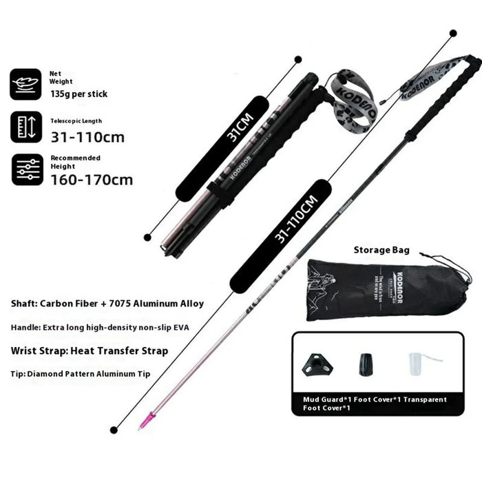 KODENOR 1Pc 110cm Trekking Pole Carbon Fiber + Aluminum Alloy Ultra Light 4-Section Foldable Hiking Stick - Pink - 6
