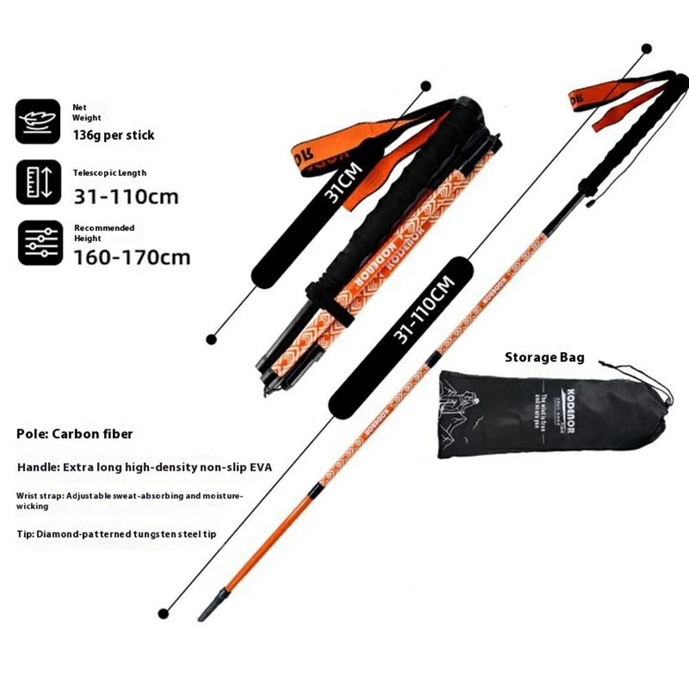 KODENOR 1Pc 110cm Outdoor Professional Trekking Pole Carbon Fiber Foldable Hiking Stick for Mountaineering - Orange - 7