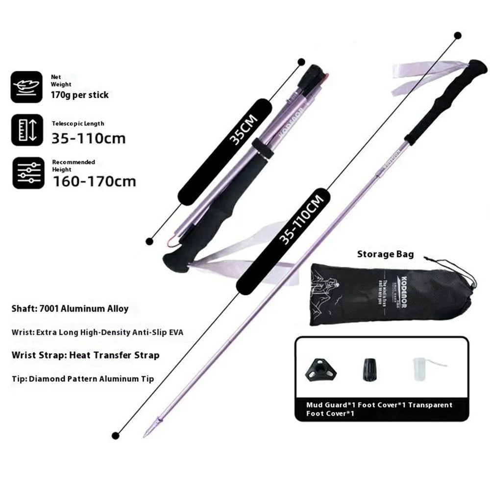 KODENOR 1Pc 110cm Foldable 4-Section Trekking Pole Lightweight Aluminum Alloy Hiking Stick for Mountain Climbing - Pink - 4