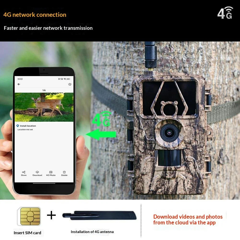PR801LTE 8K Trail Camera 4G LTE 60MP PIR Motion Detection Night Vision IP66 Waterproof Hunting Camera for Scouting Wildlife Security - Camouflage - 4