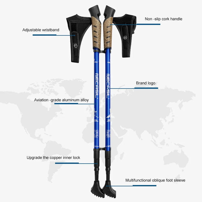NECASIL G301 2Pcs Aviation Aluminum Alloy Alpenstock 3 Sections Telescopic Pole Embedded Lock Off-Road Hiking Stick - Blue - 2