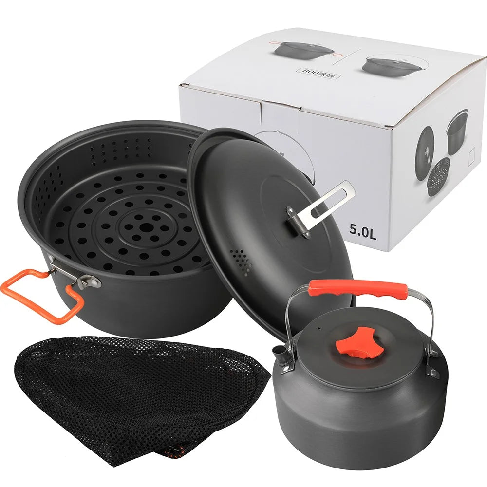 AOTU Aluminium Alloy Camping Cookware Set 1.6L Kettle + 5.0L Cooking Steam Pot (BPA-Free, No FDA) - 5