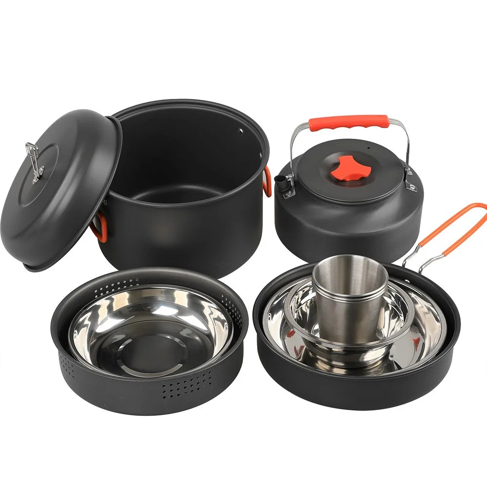 AOTU DS-718 Camping Cookware Set Kettle Cooking Pot Fry Pan Stainless Steel Plate Bowl Water Cup (BPA-Free, No FDA) - 2