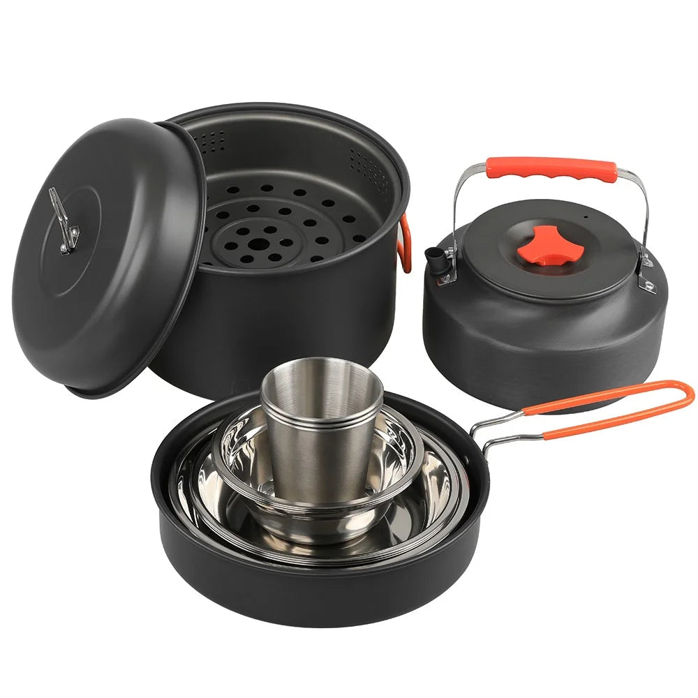 AOTU DS-718 Camping Cookware Set Kettle Cooking Pot Fry Pan Stainless Steel Plate Bowl Water Cup (BPA-Free, No FDA) - 3