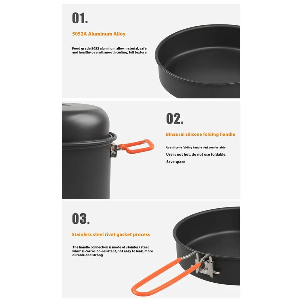 AOTU DS-718 Camping Cookware Set Kettle Cooking Pot Fry Pan Stainless Steel Plate Bowl Water Cup (BPA-Free, No FDA) - 4