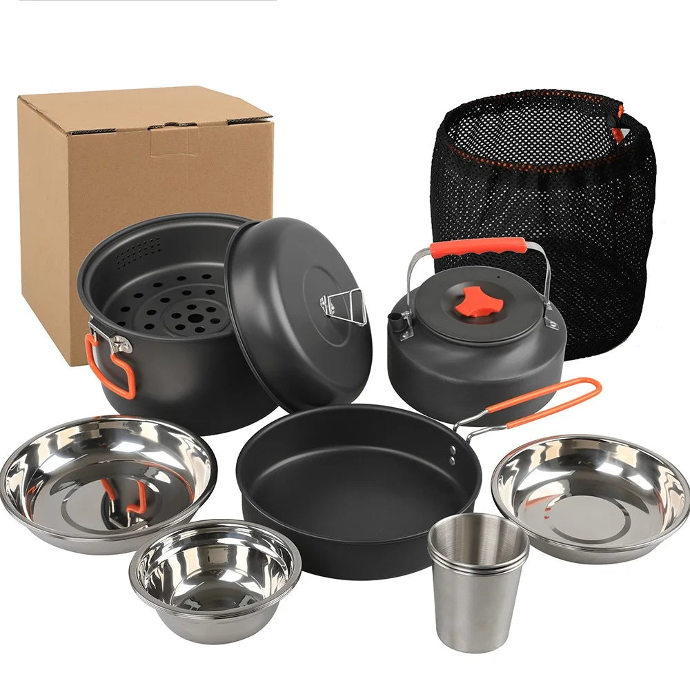 AOTU DS-718 Camping Cookware Set Kettle Cooking Pot Fry Pan Stainless Steel Plate Bowl Water Cup (BPA-Free, No FDA) - 7