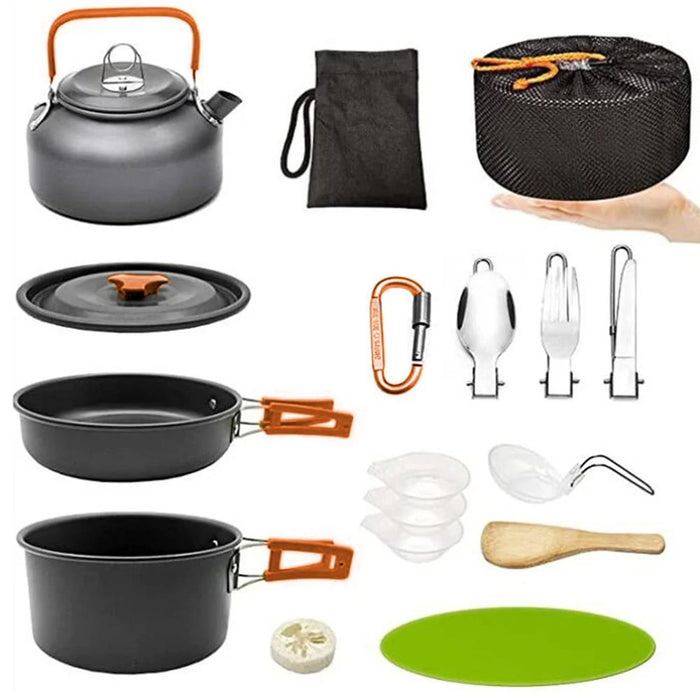 AOTU Camping Cookware Set Kettle Cooking Pot Fry Pan Cutting Board Kit (BPA-Free, No FDA) - Orange - 1
