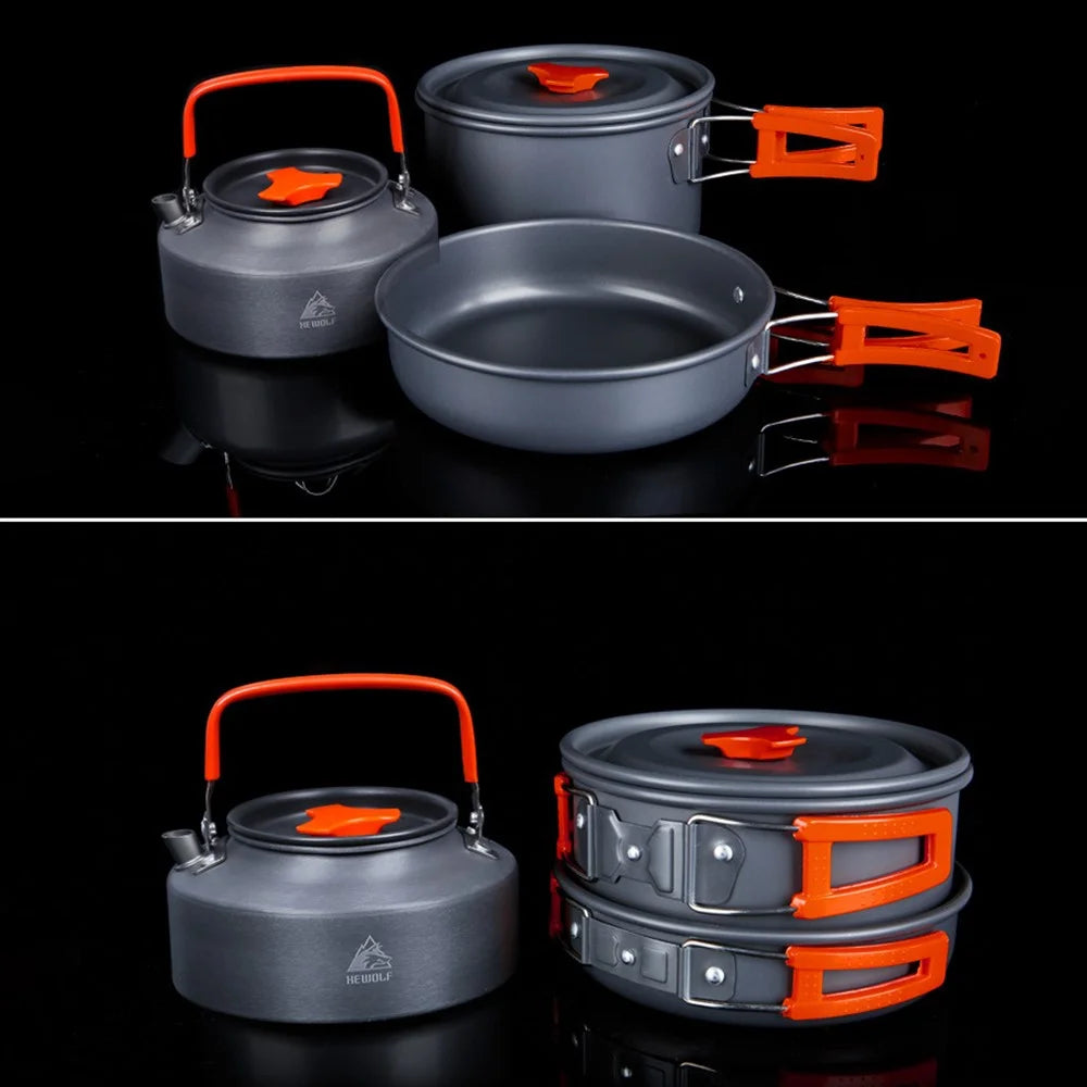 HEWOLF HW-K2103 Portable Handle Pan Temperature Resistant Camping Cookware Set with Large Water Bottle for 4-5 People - 2