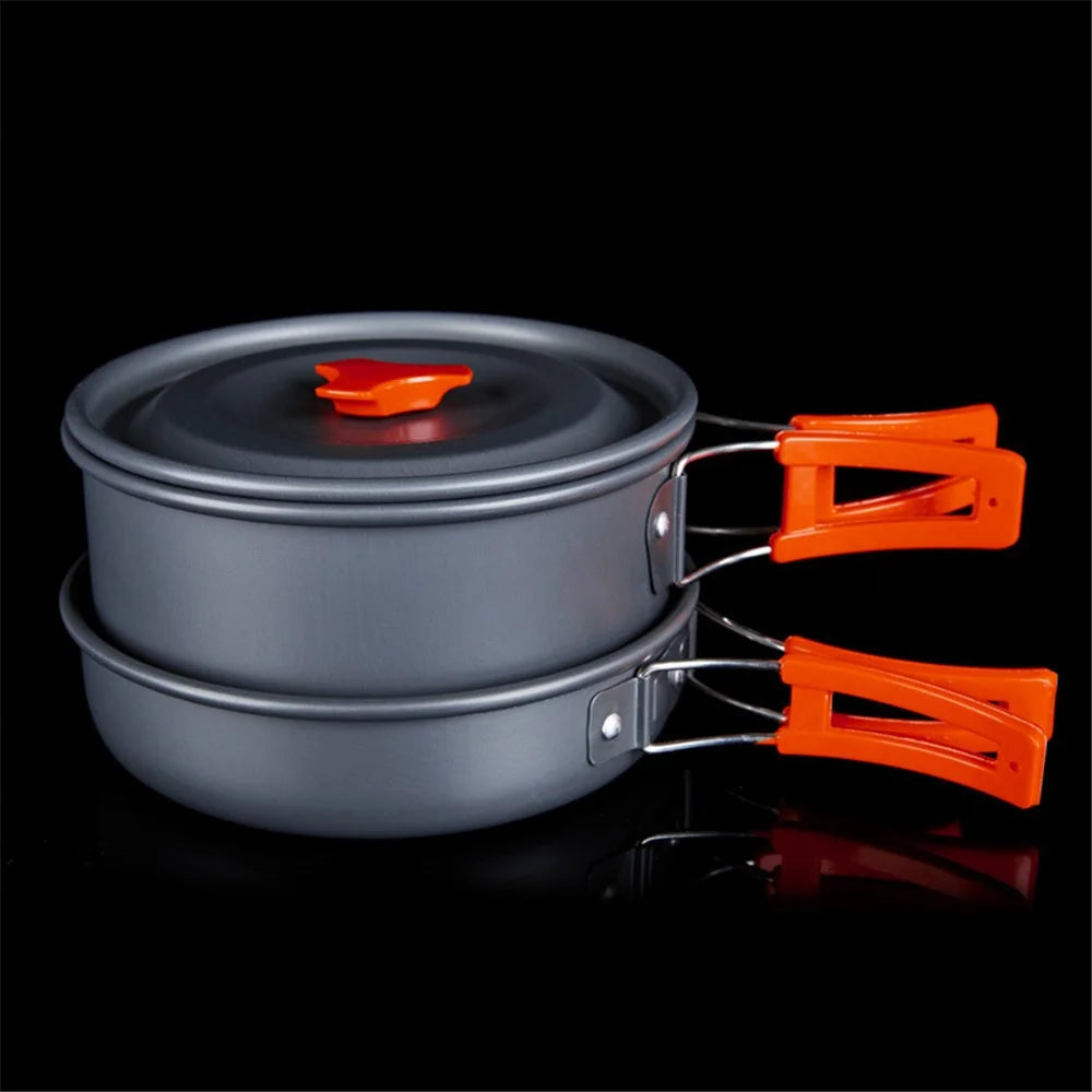 HEWOLF HW-K2103 Portable Handle Pan Temperature Resistant Camping Cookware Set with Large Water Bottle for 4-5 People - 6