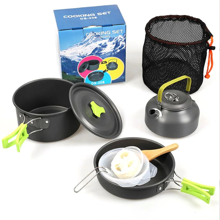 HALIN DS-308 Portable Frying Pan Tea Pot Hard Alumina Camping Cookware Set for 2-3 People (No FDA, BPA-Free) - Green - 1