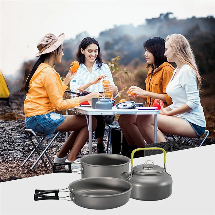 HALIN DS-308 Portable Frying Pan Tea Pot Hard Alumina Camping Cookware Set for 2-3 People (No FDA, BPA-Free) - Green - 5