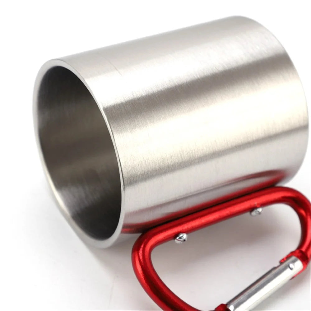 220ML Stainless Steel Camping Mug Portable Outdoor Hiking Coffee Cup Drinks Cup with Carabiner (No FDA Certification) - Silver - 2