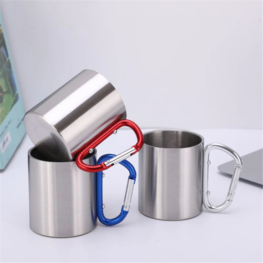 220ML Stainless Steel Camping Mug Portable Outdoor Hiking Coffee Cup Drinks Cup with Carabiner (No FDA Certification) - Silver - 5