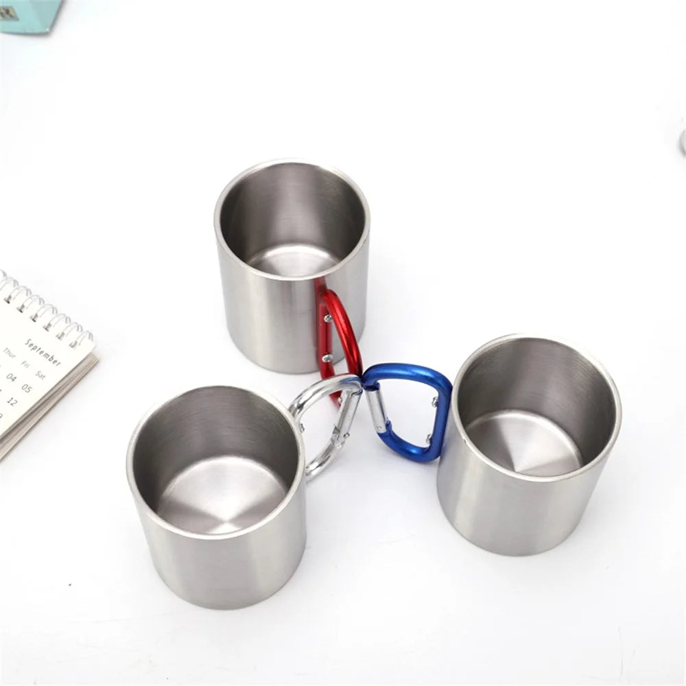 220ML Stainless Steel Camping Mug Portable Outdoor Hiking Coffee Cup Drinks Cup with Carabiner (No FDA Certification) - Silver - 6
