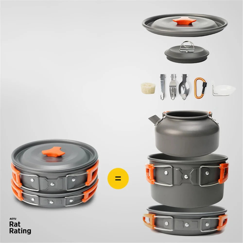 AOTU AT6384-2 Portable Handle Pan Outdoor Camping Picnic Pot Cookware Set for 2-3 People (No FDA, BPA-Free) - Orange - 2