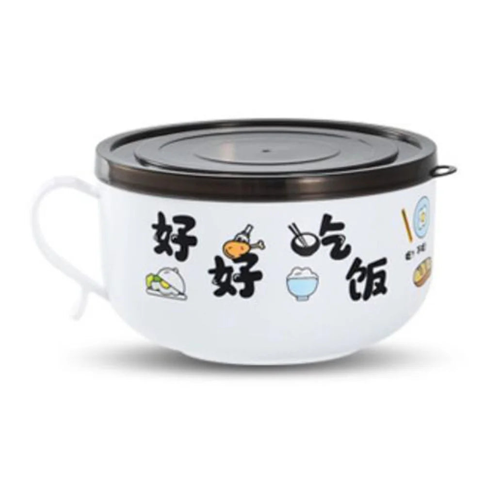 AOTU 1200ML Side Handle Grip Thermal PP+Stainless Steel Bowl with Lid for Instant Noodle, Soup (BPA-Free, No FDA Certified) - Black - 1
