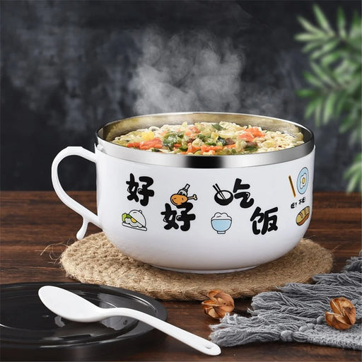 AOTU 1200ML Side Handle Grip Thermal PP+Stainless Steel Bowl with Lid for Instant Noodle, Soup (BPA-Free, No FDA Certified) - Black - 2