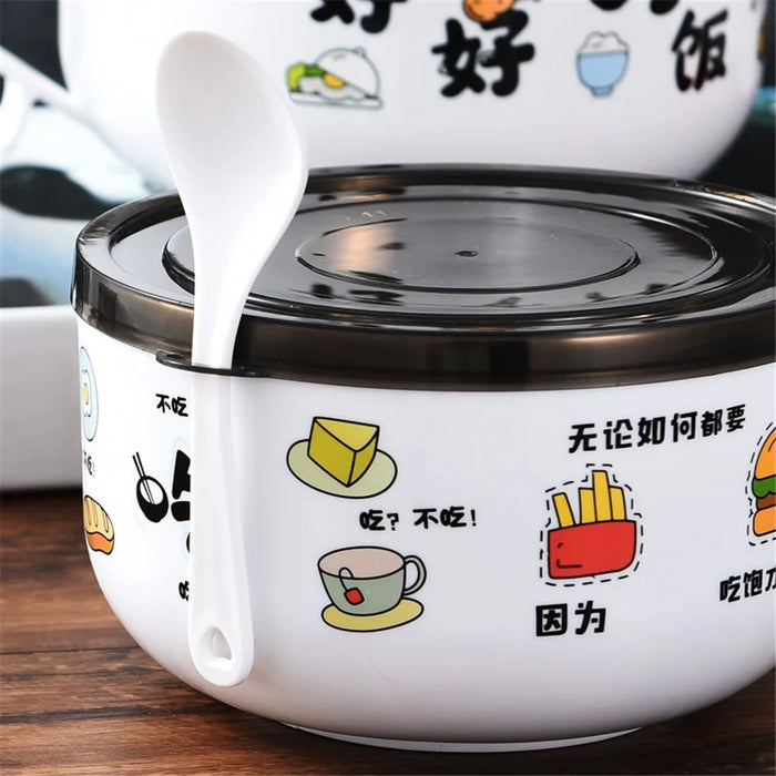 AOTU 1200ML Side Handle Grip Thermal PP+Stainless Steel Bowl with Lid for Instant Noodle, Soup (BPA-Free, No FDA Certified) - Black - 3