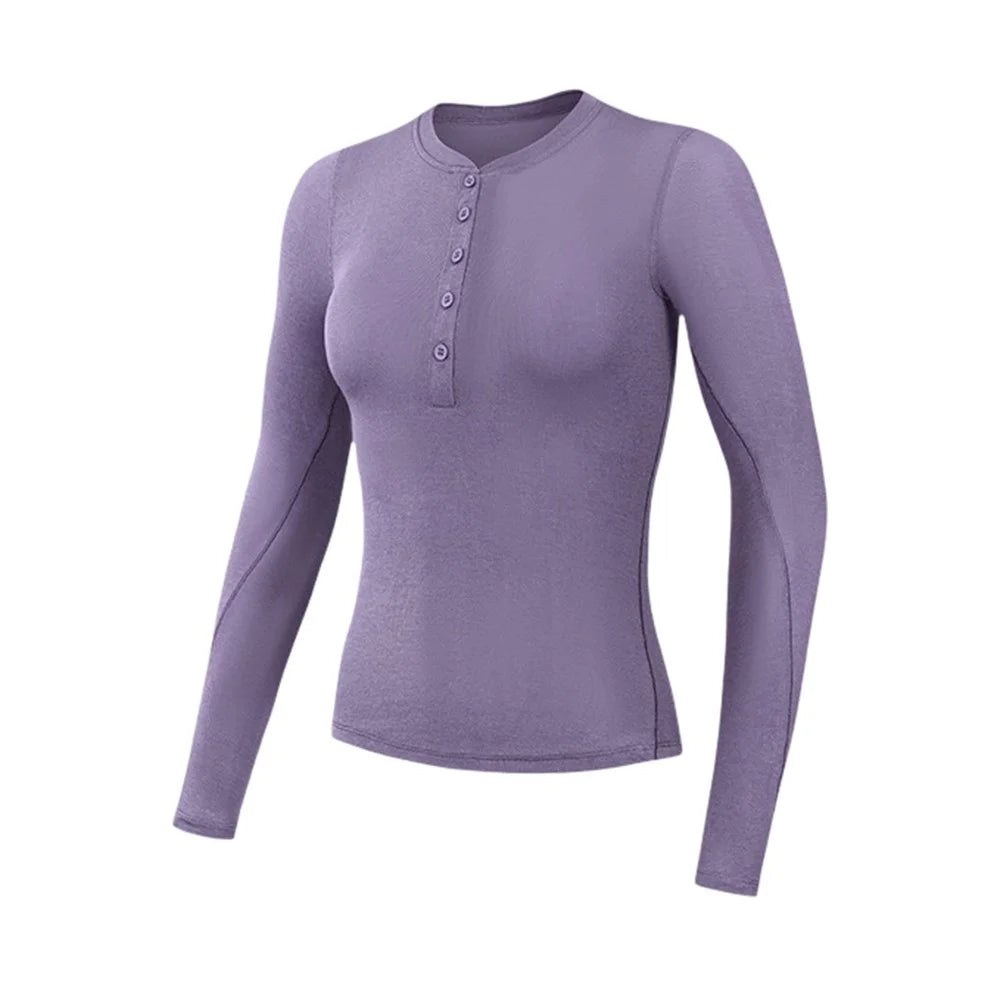 GOLOVEJOY JDY09 Women Sports Top for Yoga Running Slim Fit Moisture Wicking Long Sleeve Bottom Shirt with Buttons - Purple S - 1