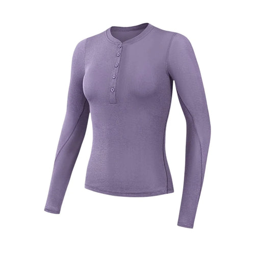 GOLOVEJOY JDY09 Women Sports Top for Yoga Running Slim Fit Moisture Wicking Long Sleeve Bottom Shirt with Buttons - Purple S - 1