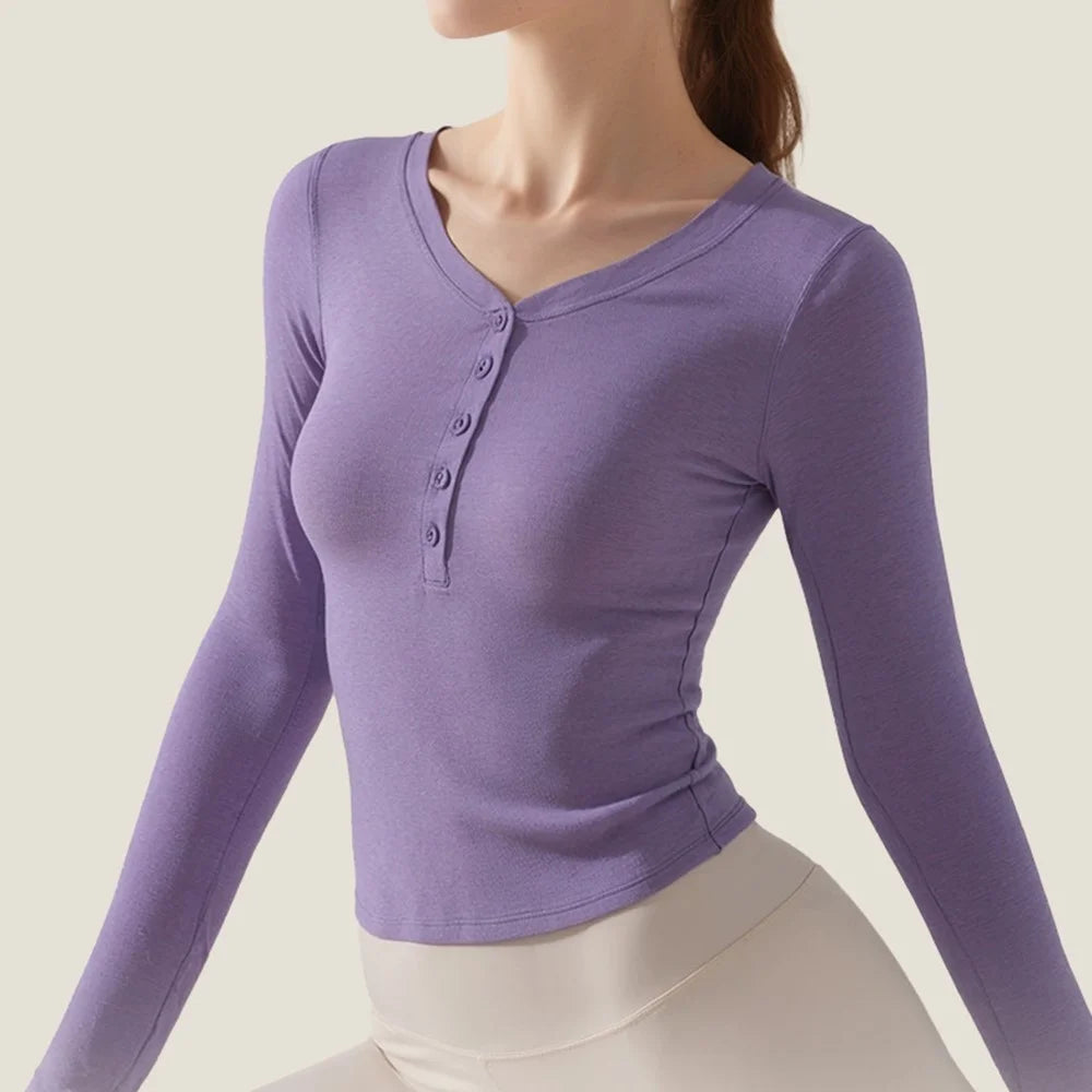 GOLOVEJOY JDY09 Women Sports Top for Yoga Running Slim Fit Moisture Wicking Long Sleeve Bottom Shirt with Buttons - Purple S - 2