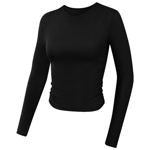 GOLOVEJOY YJ07 For Women Long Sleeve Yoga Top Pleated Design Quick Dry Sports Bottom Shirt - Black S - 1