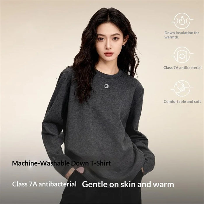 GOLOVEJOY TX04 Down Undershirt for Men / Women Autumn Winter Classic Round Neck Long Sleeve Shirts Reinforced Cuffs - Black / S - 5